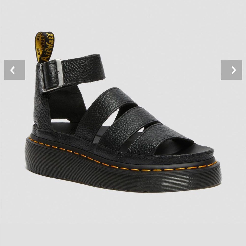 Dr. Martens Black Leather Platform Strappy Sandals with Yellow Stitching
